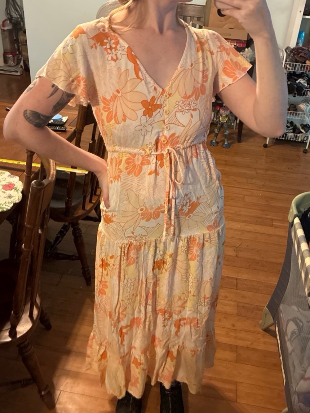 V-Neck Floral Tie-Waist Maxi Dress in Orange and Cream